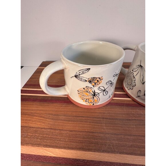 Set of 2 Ceramic Hand-drawnCoffee Mugs with Floral Butterfly Design from 180 Deg - Picture 2 of 11